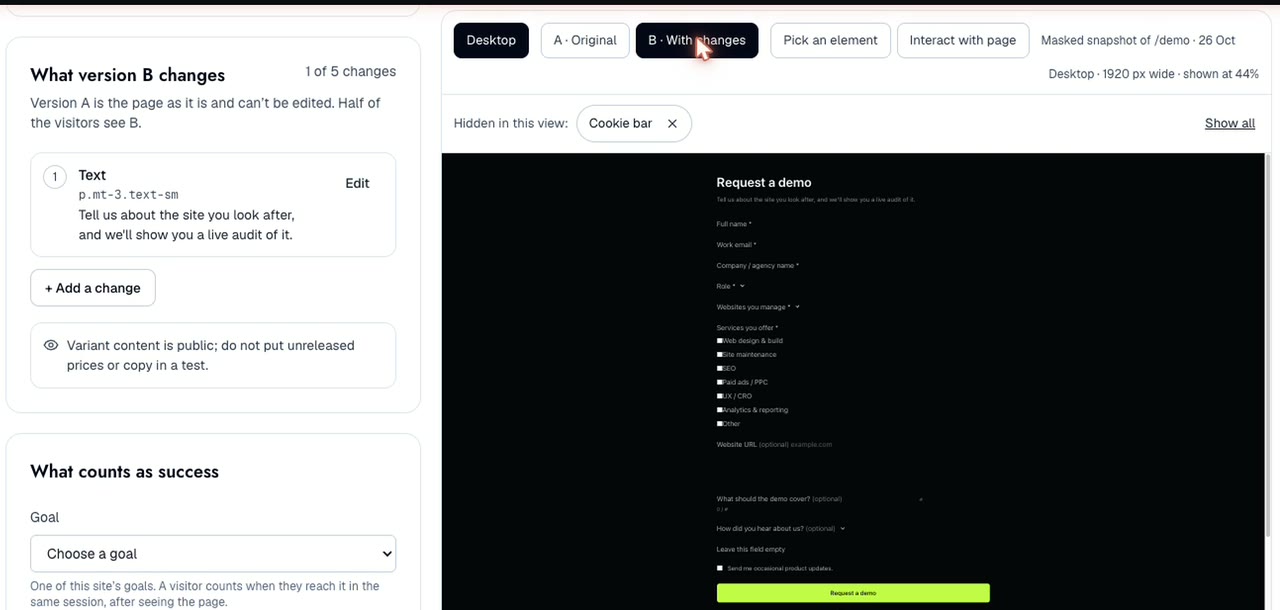 Rubric's A/B testing editor: one text change listed for version B, and the page snapshot showing version B