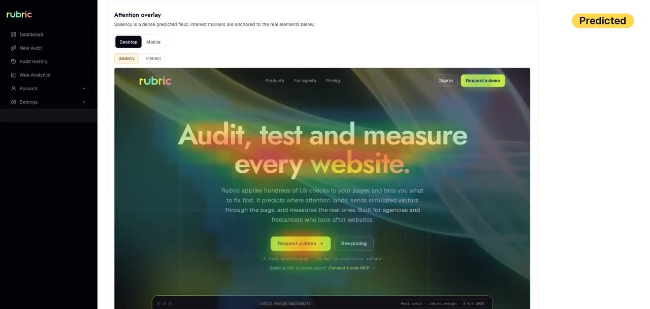Predicted heatmap of the rubric.design homepage on desktop, from the panel