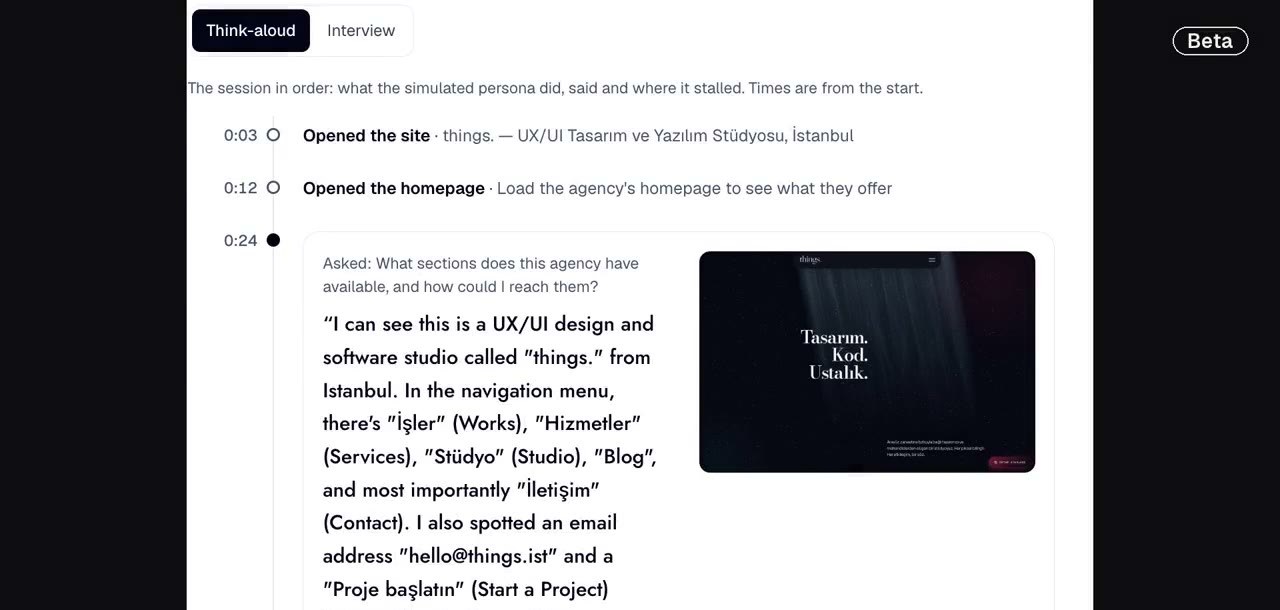 A Probe think-aloud timeline in the Rubric panel, with the persona quote and the screen it was looking at