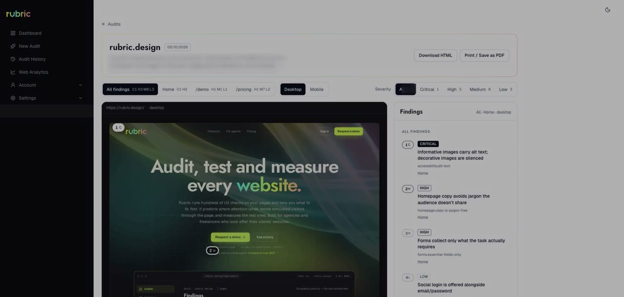 A finished UX audit report in the Rubric panel: the page with numbered findings and the findings list