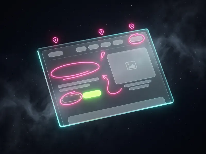 A glass page layout marked up with glowing pink annotations and numbered pins