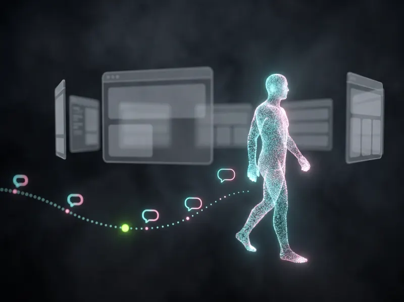 An illustration of a figure of light walking through page panels, leaving thought bubbles